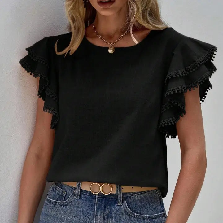 Ruffle Batwing Short Sleeve Crew Neck