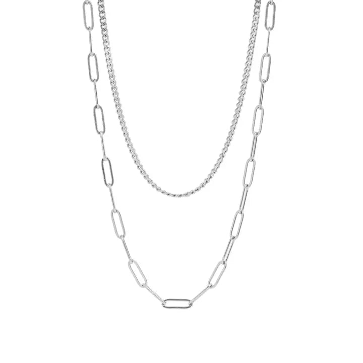 Stainless Steel Curb and Paperclip Layered Chain Necklace