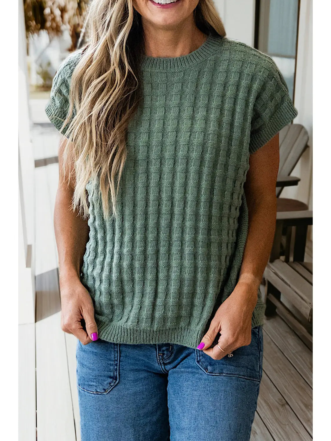 Textured Short Sleeve Round Neck Sweater