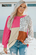 Pink Colorblock Leopard Print Knit Top