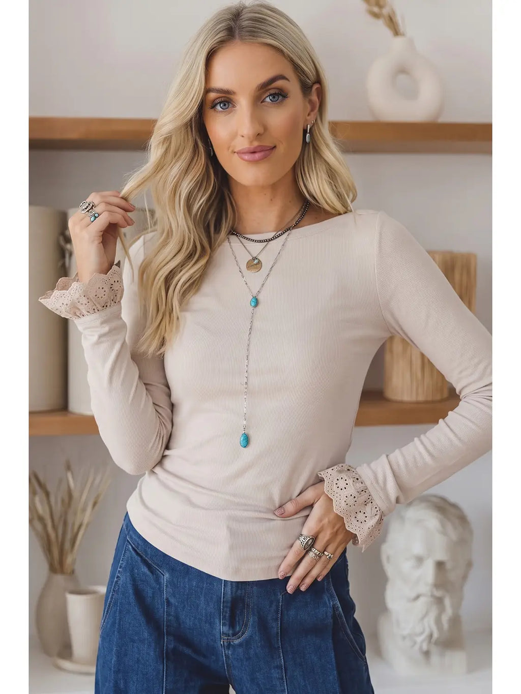Lace Cuff Patchwork Round Neck Long Sleeve Top