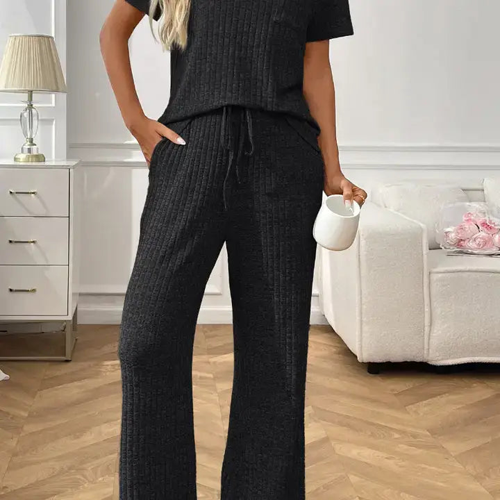 Ribbed Knit Short Sleeve Lounge Set