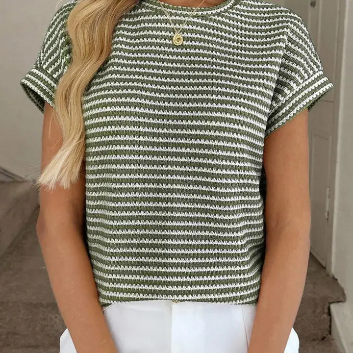 Striped Knit Crewneck Short Sleeve Sweater