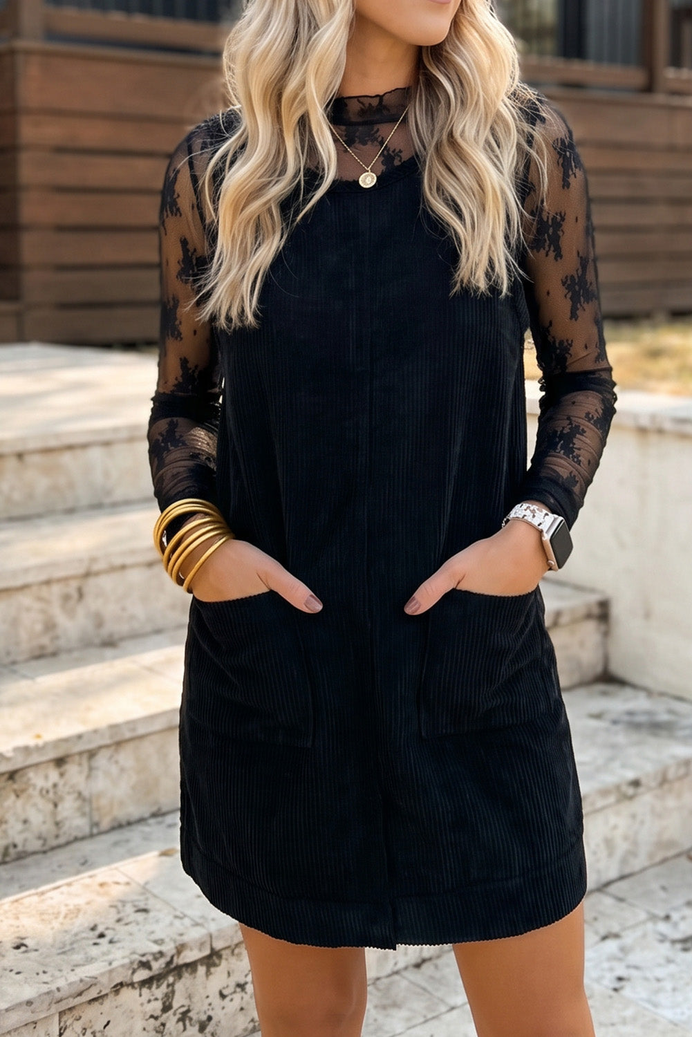 Sleeveless Black Corduroy Mini Dress