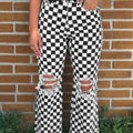 Checkerboard Print Distressed Pant