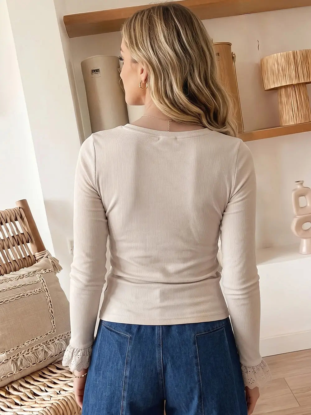 Lace Cuff Patchwork Round Neck Long Sleeve Top