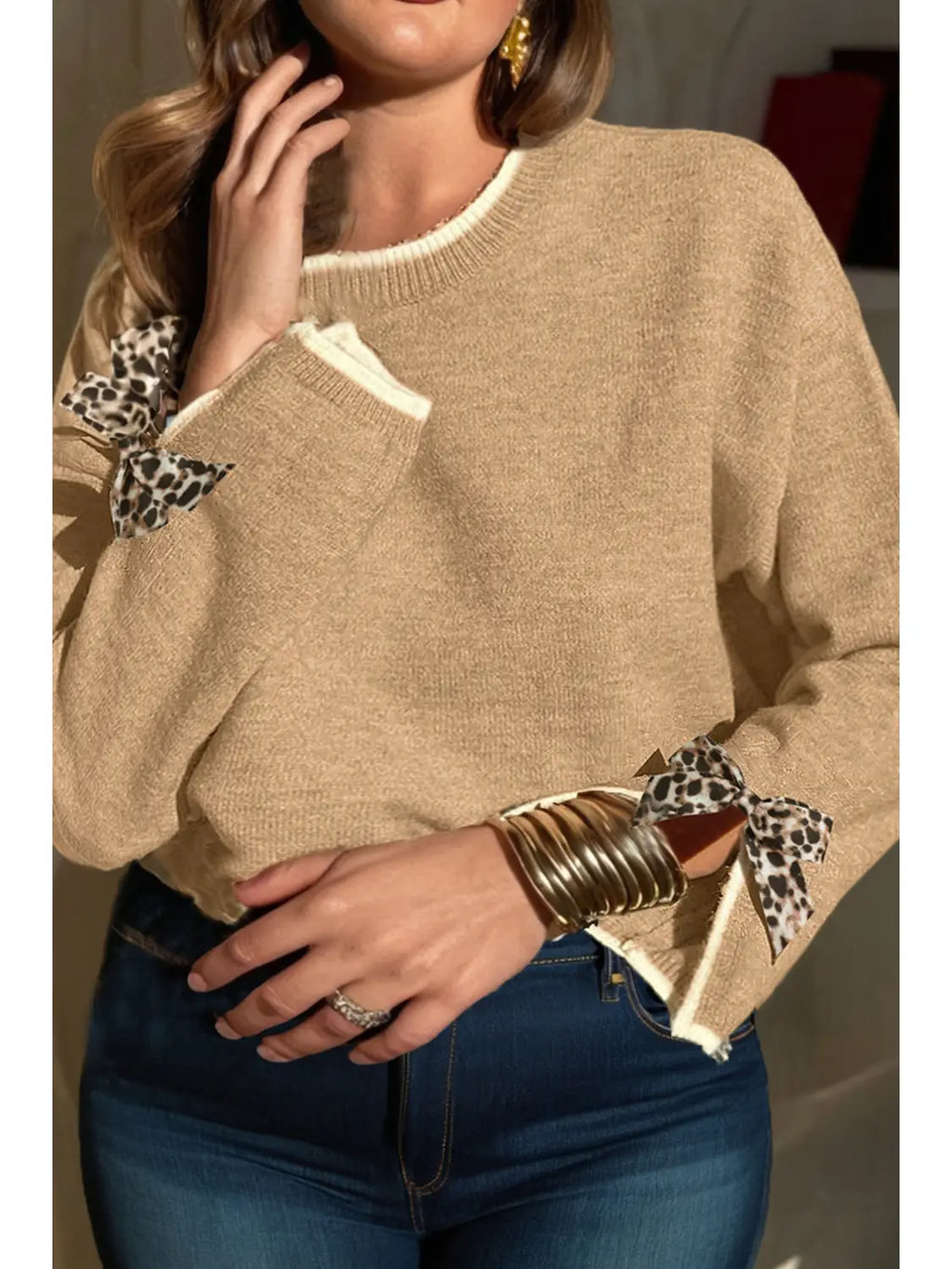 Bow Split Cuff Trim Sweater