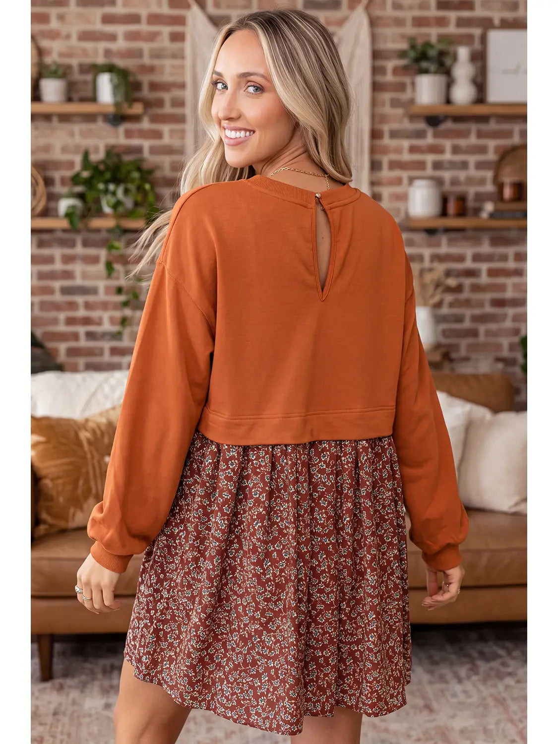 Fall Top Patchwork Floral Mini Dress