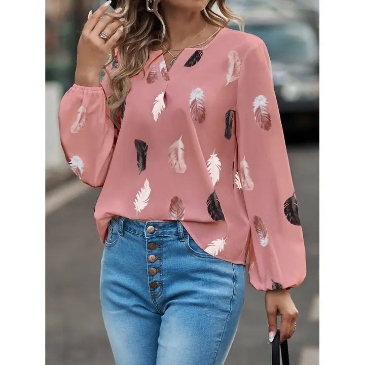 Feather Print V-Neck Pink Top
