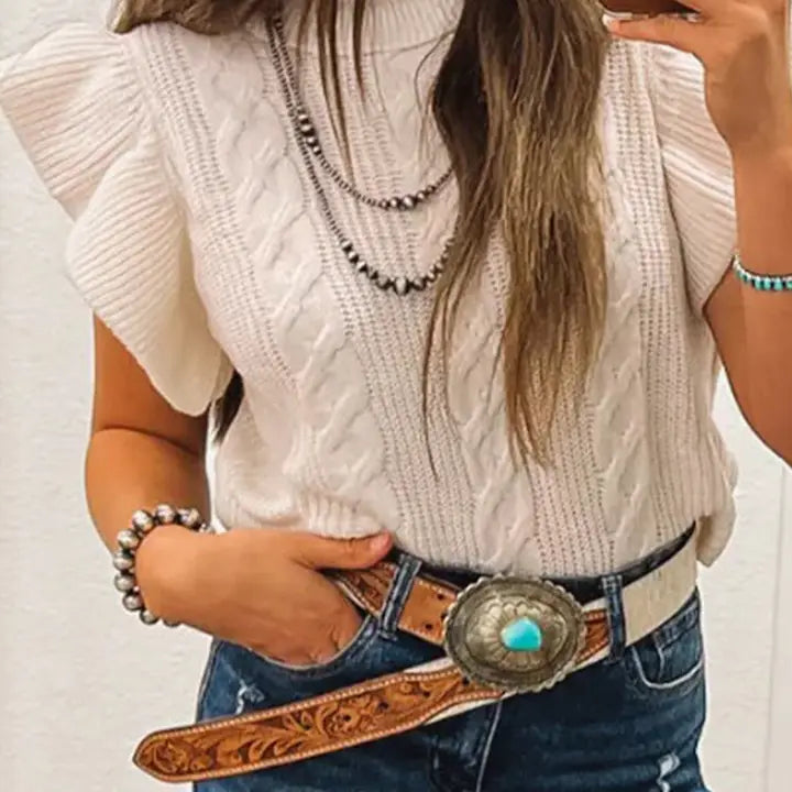 Western Cable Knit Turtleneck Ruffle Sleeve