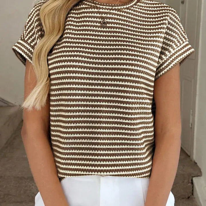 Striped Knit Crewneck Short Sleeve Sweater
