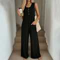 Sleeveless Button Front Wide Leg Jumpsuit